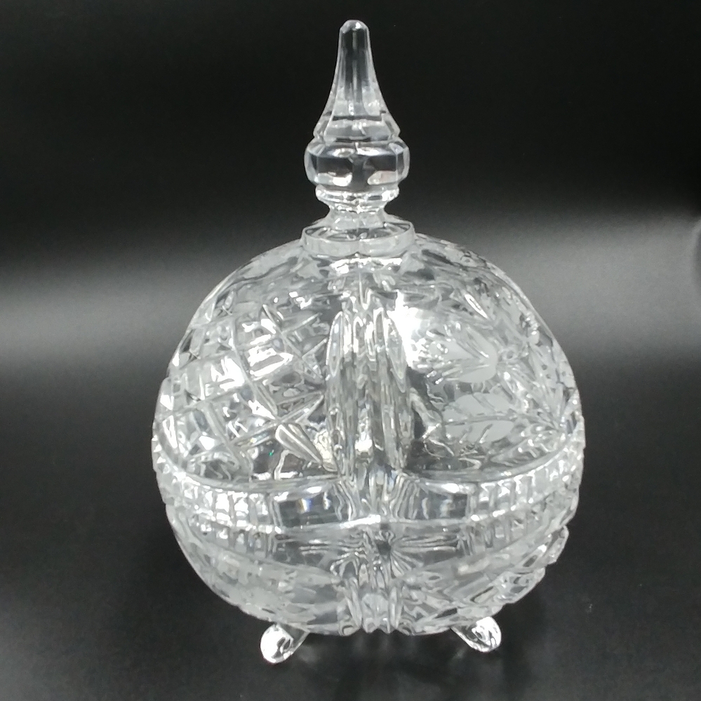VTG 24% Lead Crystal Candy Dish w Finial Lid Cut Glass 4 Footed. Heavy 9" Tall.